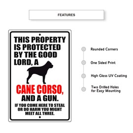 Afterprints This Property is Protected by The Good Lord A Cane Corso Dog Unique Novelty Caution Outdoor Warning Notice Aluminum Metal Sign