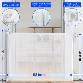 Retractable Baby Gates, 118" Wide Dog Gate, Mesh Pet Gate for Stairs, Door, Corridors, Bedrooms and Various Other Scenarios for Indoor or Outdoor
