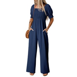 Dokotoo Short Sleeves Jumpsuits Womens 2025 Cute Spring Square Neck Flowy Long Rompers Maternity Oversized Wide Leg Cruise Outfits Plus Size with Pockets,Navy Blue Small