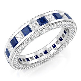 Metal Factory Sz 7 Sterling Silver 925 Princess Cut Blue & White Cubic Zirconia CZ Eternity Band Ring