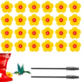 24 Pieces Hummingbird Feeders Replacement Flowers,Pet Hummingbird Feeder Parts with 2Pcs Cleaning Brush, Feeding Ports Bee Guards Accessories for Outdoors Hanging Feeder(Yellow)