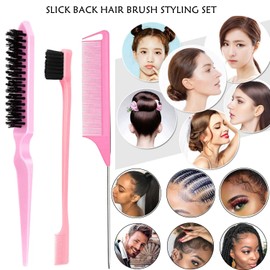 4Pcs Hair Wax Stick & Slick Back Hair Brush Versatile Hair Styling Set, Hair Wax Stick for Flyaways & Wigs Hair Tamer Styling, Edge Brush, Teasing Brush and Rat Tail Combs for Kid Women Girls (Pink)