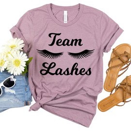Couples Gender Reveal Pregnancy Announcement T-Shirt, Team Lashes Heather Orchid Shirt, Team Staches Heather Indigo Shirt, Sold Separately (Unisex Small, Team Lashes/Heather Orchid T-Shirt)