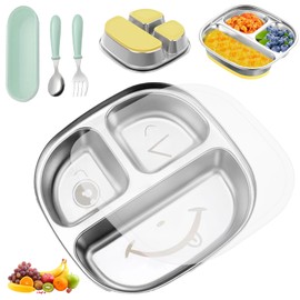CHENBOOW Stainless Steel Plate Baby, Baby Plate with Suction Cup, Children's Plate with Suction Cup, Stainless Steel Suction Cup Plate, Divided Children's Plate Set, Divided Non-Slip Tableware, with
