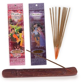 Prabhuji's Gifts Radha, Govardhana Hand-Rolled Spiritual Incense Sticks - Aromatic Sticks - for Meditation, Yoga, Relaxation, & Aromatherapy Incense - 2 Packs of 10 Sticks with Wooden Burner