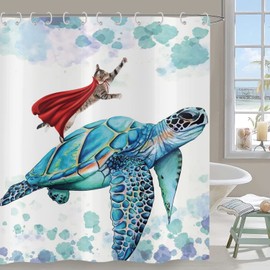 Hnmdmyi Funny Shower Curtain 180x180, Cat Shower Curtains Teal Sea Turtle Ocean Underwater Kids Bathroom Curtains with Hooks Waterproof Polyester Fabric Washable Bath Curtains for Wet Room