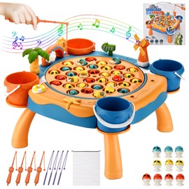 Jovarous Magnetic Fishing Game - Fishing Toy with 45 Fish, 8 Fishing Poles, 4 Support Feet, Rotating Board, On-Off Music, Convenient Bag - Classics Fish Toys for Toddlers & Kids Age 3 4 5 6 7 8 and Up