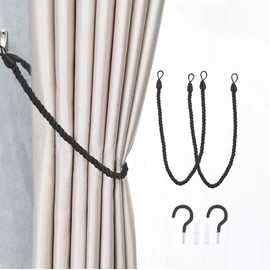 Outdoor Curtain Tiebacks Ropes, Curtain Ties for Drapes, Curtain Holdbacks with Hooks, Curtain Hooks for Drapes, Curtain Rope Tiebacks for Home Office Decor (Black)
