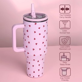 vaanshie Pink Heart Tumbler 40oz with Handle and Straw – Stainless Steel Insulated Travel Mug, Romantic Gift for Loved Ones, Valentine’s Day, Anniversary, Wedding, or Birthday Present