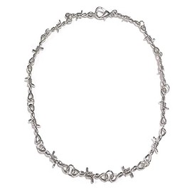 Caiyao Punk Barbed Wire Thorns Chunky Brambles Metal Link Chain Adjustable Necklace Safety Spur Duty Padlock Flame Necklace Cool Hiphop Rock Choker Jewelry for Women Men-Silver