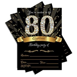 80th Birthday Party Invitations 5x7 Black & Gold Cards with Envelopes and Gold Metallic Pen (Pack of 25)