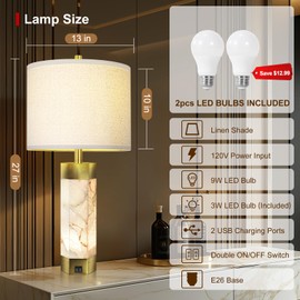 Natural Alabaster Table Lamps Set of 2,Table Lamp with Night Light for Living Room,Nightstand Lamp with USB Ports,Bedside Lamp with Linen Fabric Shade for Bedroom,Living Room,Office,Bar(Bulb Included)