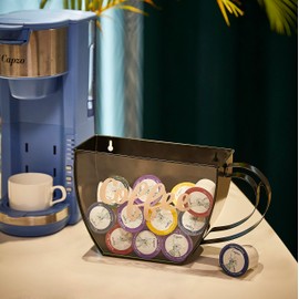 CoffeeI.V.™ Coffee Cup Shaped Pod Holder - Wall Mounted or Counter Top, Anti Slip - Durable, Functional, Space Saving - Doubles as Decor For Your Kitchen, Coffee Bar - Glass Front (Black Coffee)