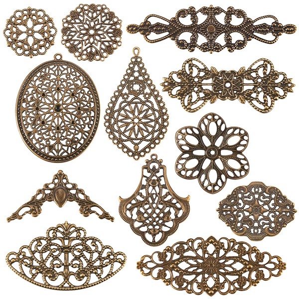 PandaHall 120pcs/Box Filigree Wrap Connector Antique Bronze Left Wrap Connectors