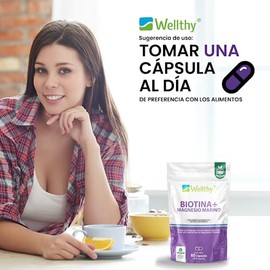 Wellthy Biotina 300μg y Magnesio Marino Francés 377mg de Alta Biodisponibilidad. Dosis diarias garantizadas de Biotina y Magnesio en solo 1 Cápsula al