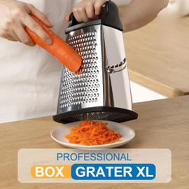 Professional Cheese Grater - Stainless Steel, 4 Sides - Ideal for Parmesan Cheese, Vegetables, Ginger - Dishwasher Safe - Black