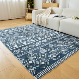 Loartee Geometric Moroccan Area Rug - 3x5 Machine Washable Mat, Stain Resistant, Low Pile Softer Texture Modern Carpet, Blue