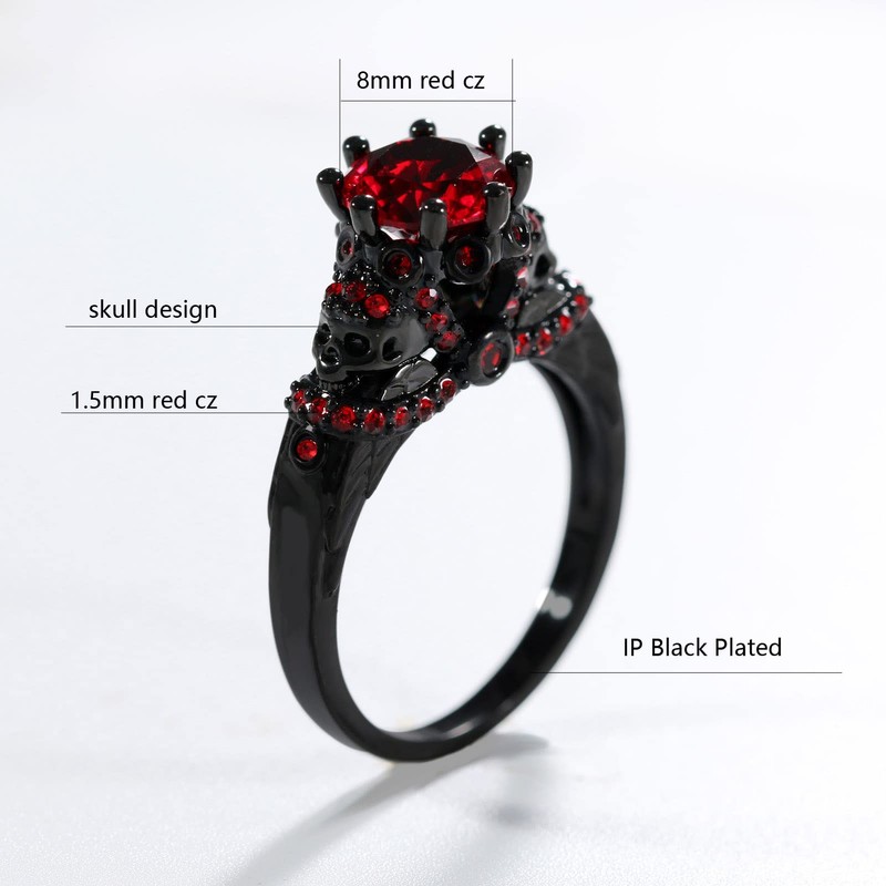 Ringcrown Red 1CT AAA CZ Women's Wedding Ring Black Skull