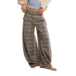 Kedera Women Vintage Tartan Plaid Print Wide Leg Pants High Waisted Baggy Trousers Casual Business Work Slacks Brown