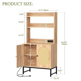 YITAHOME Bakers Rack with Storage and Power Outlet, 5 Tiers Woven Rattan Kitchen Microwave Stand Cabinet, Farmhouse Coffee Bar Station with Hutch Shelves, Oak