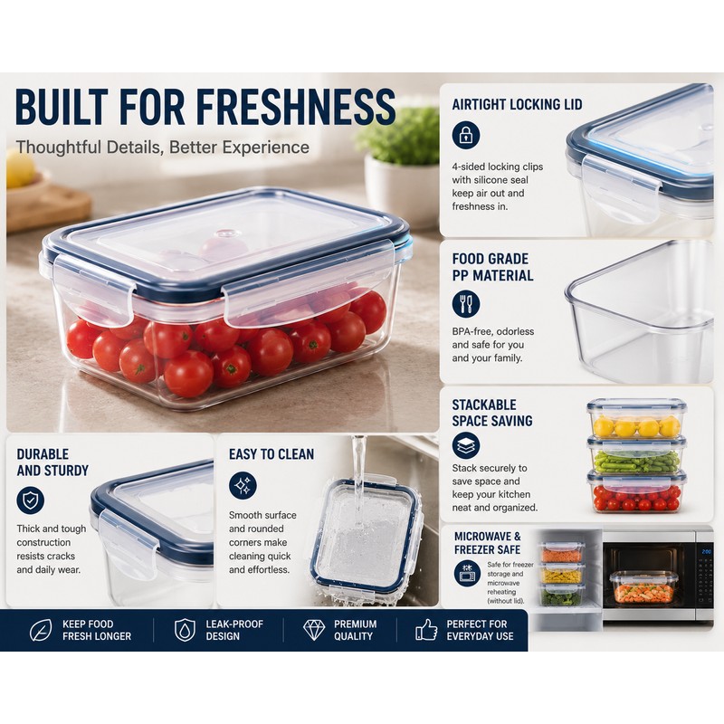 Pack-8 BPA-Free Airtight Food Containers with Locking Lids - Clear