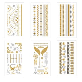 6Pcs Tatuajes de Oro Papel De Tatuaje a Prueba De Agua Tatuajes Metálicos Temporales Pegatinas de Tatuajes Falsos de Cara Y Cuerpo para Adultos Pegatinas De Tatuajes De Arte Corporal (Oro Plata)