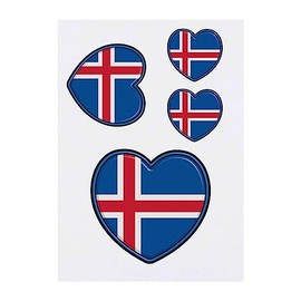 4 x 'Iceland Flag Heart' Temporary Tattoos - Water Resistant, Skin-Safe, Non-Toxic Transfers, Mixed Sizes (TO00061626)