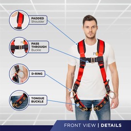 Palmer Safety ATERET Fall Protection 5pt Safety Harness, 3D-ring, Quick-Connect Buckle, Grommet Legs, Sewn in Back Pad I OSHA ANSI Compliant Personal Equipment (Red - Universal), (H222100111)