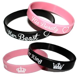 4Pcs Couple Silicone Bracelets Wristband His Beauty Her Beast Sports Bracelet I am His Queen Her King Bracelet for Women Men Valentine's Day Jewelry
