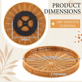 Reallnaive 12 Inch Decorative Wicker Tray Round Rattan Tray Round Wicker Basket Round Basket Tray Outdoor Serving Tray Lazy Susan Organizer Rotating Spice Rack for Kitchen Table Countertop Storage