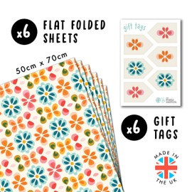 Flower Wrapping Paper - 6 Sheets Of Colourful Birthday Gift Wrap For Her - Symmetry Flowers - Girls Wrapping Paper - Comes With Fun Stickers - By Central 23