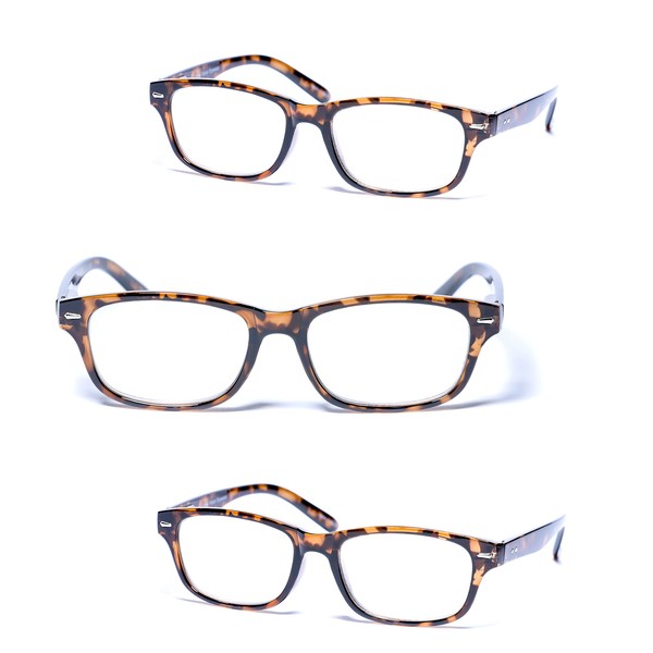 Mass Vision® 3 Pair of The"The Intellect" Unisex Reading Glasses - Microfiber Soft Pouches Included (Tortoise, 3.0)