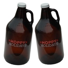 Libbey 64 Ounce Hoppy Holidays 1/2 Gallon Beer Growler, Amber Glass, Set of 2