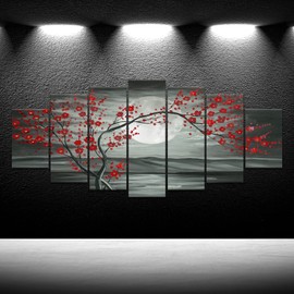 iKNOW FOTO 7 Multi Panel Canvas Wall Art Red Plum Blooming Tree with Full Moon Landscape Painting Artwork Flower Blossom Picture Prints on Canvas Office Living Room Home Decor