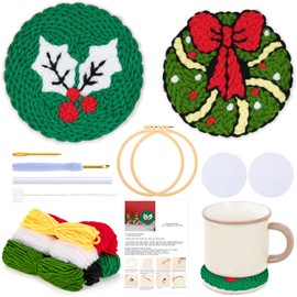 JSRQT Christmas Punch Needle Coaster Kit for Adults Beginners Drink Coasters Crafts Needle Coaster Christmas Gift DIY Needle Punch Craft Embroidery Kit 2 Pieces Car Coasters Punch Needle Tools Kits