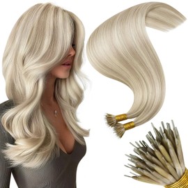 Moresoo Nano Hair Extensions Real Human Hair Ash Blonde with White Blonde Nano Ring Hair Extensions Human Hair Highlight Blonde 50G/50S 14 Inch