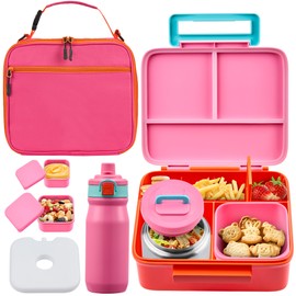 Bento Lunch Box for Kids with Thermos, Leakproof Bento Box with 8oz Insulated Food Jar, Insulated Bottle, Lunch Bag, BPA Free Dishwasher Safe 4 Compartment Container for School Girls Boys (Pink)