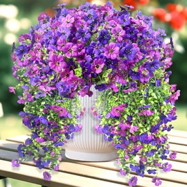 Artificial Fake Hanging Flowers for Outdoors,2 PCS Faux Silk Daisy Plants Outside Spring Decoration,UV Resistant Eucalyptus Leaves No Fade For Home Indoor Porch Patio Window Garden(Double Purple)