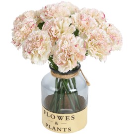 ICBOX Artificial Carnations Pink Silk Flowers 15pcs Fake Carnation Artifcial Flowers with Stems for Home Decor Wedding Bridal Bouquet Anniversary Birthday Floral Arrangements (Pink in White