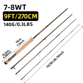 Fly Fishing Rod, Carbon Fiber, 9ft to 10ft, 5/6wt to 7/8wt, 4 Piece Sections, Lightweight, Medium-Fast Action, Cork Grip, Hard Chromed Guides, Freshwater Bass Trout Fishing (9ft 7-8wt)
