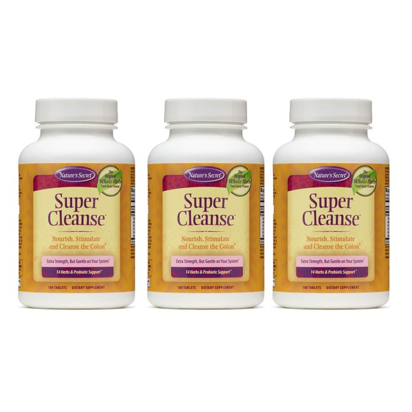 Nature's Secret Super Cleanse Extra Strength Toxin Detox & Gentle Elimination Body Cleanse, Digestive & Colon Health Support - Stimulating Blend of 14 Herbs with Probiotics - 100 Tablets (Pack of 3)
