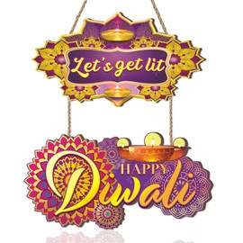 Aryroi Happy Diwali Sign,India Diwali Door Decoration,Indian Diyas Rangoli Mandala Hanging Sign,Festival of Light Wall Plaque,Let's Get Lit Wall Decoration for Home Party Porch Yard Outdoor Office
