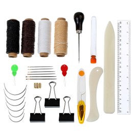 28 Stück Buchbinderei Werkzeuge Set Groß Auge Gebogene Nadeln Fingerhut Ring Nadeleinfädler Gewachst Faden Clipper Knochen Ordner Papier Creaser Binder Clips Griff Ahle Herrscher für Handgemachte Büch
