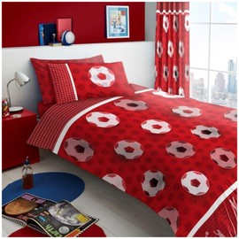 VELVETIO Football Duvet Cover Single with Pillowcase, Soft Breathable Polycotton Kids Bedding Sets, Boys & Girls Reversible Soccer Comforter Quilt, Red