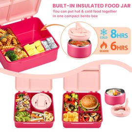 Bento Lunch Box with 8oz Soup Thermo,Kids Leakproof Lunch Food Containers with 4 Compartment,Kids Thermo Insulated Hot Food Jar and Lunch Bag for School,Trvael-Pink