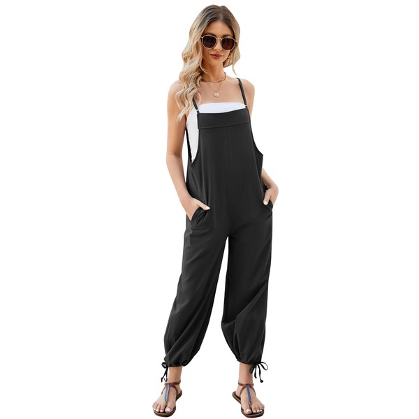 Flygo Women's Fashion Cotton Linen Overalls Loose Fit Sleeveless Straps