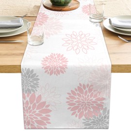 Dahlia Flower Table Runner 13x36 Inch Farmhouse Pink Gray Runners Modern Table Decorations Rustic Geometric Coffee Table Runner for Home Kitchen Dining Room Party (13"x36", Dahlia Floral-Pink)