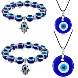 4 Pieces Evil Eye Bracelet and Necklace Set Third Eye Jewelry Blue Eye Bead Hamsa Hand Stretch Bracelet and Glass Eye Faux Leather Rope Chain Necklace for Women and Men(Stylish Style)