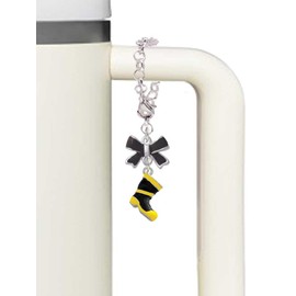 Delight Jewelry Silvertone Black and Yellow Firefighter Boot - Black Bow Charm Accessory for Tumblers and Thermal Cups