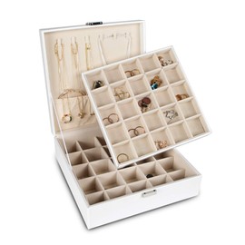 Frebeauty Earring Organizer Classic Jewelry Box 50 Slots Double Layer Jewelry Storage Case with 6 Necklace Hook and Bracelet Pocket(Pearl White)